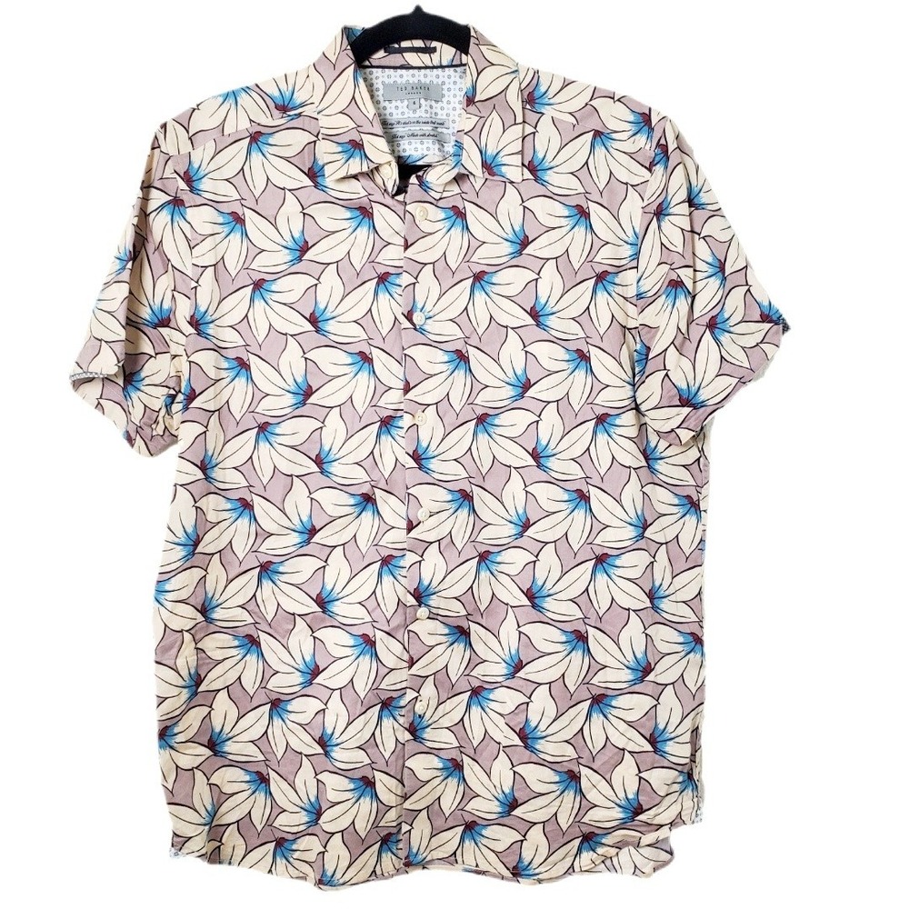 Ted Baker London Men's Tan Floral Cotton Shirt Short Sleeve Button Down Size 4 L